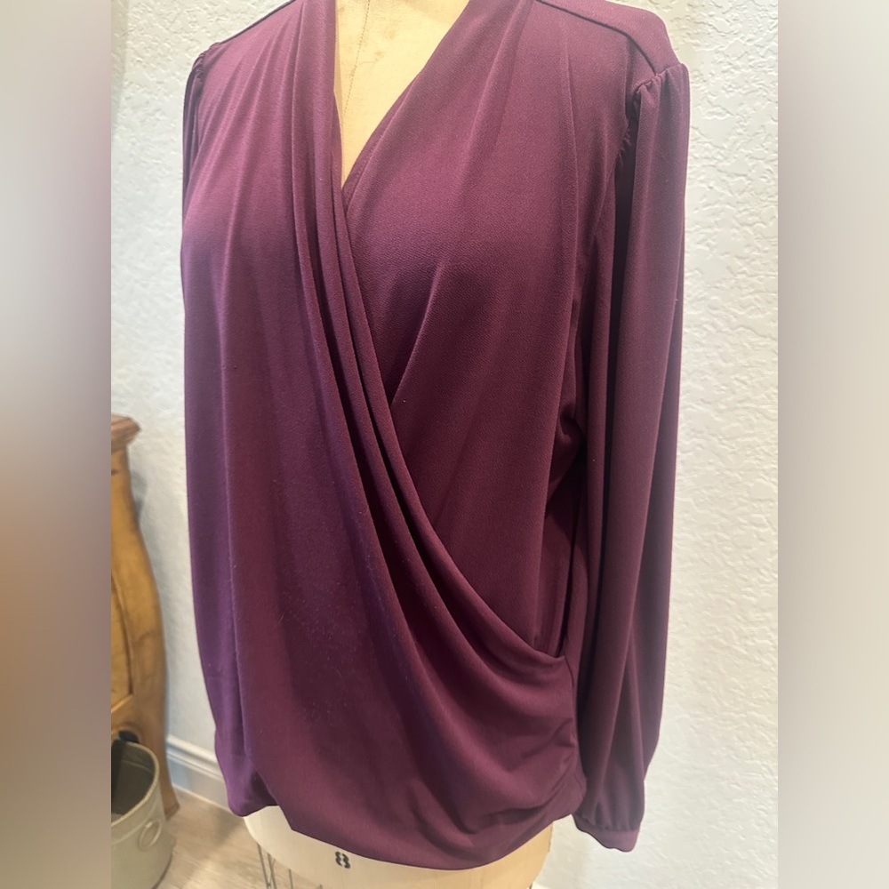 White House Black Market Draped Wrap Long-Sleeve Top - Plum - Picture 2 of 6
